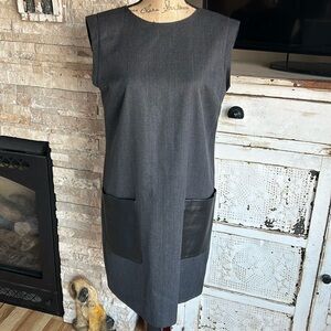 J Crew black label faux leather pocket wool blend shift dress charcoal gray zip